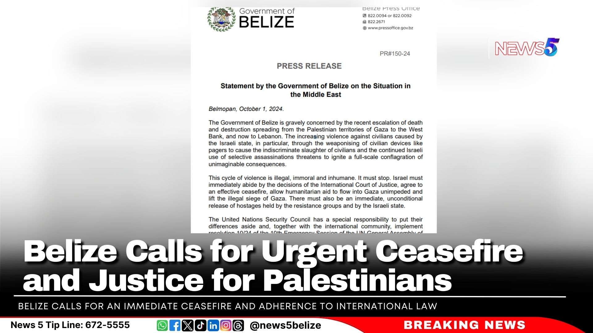 Belize Calls for Urgent Ceasefire and Justice for Palestinians