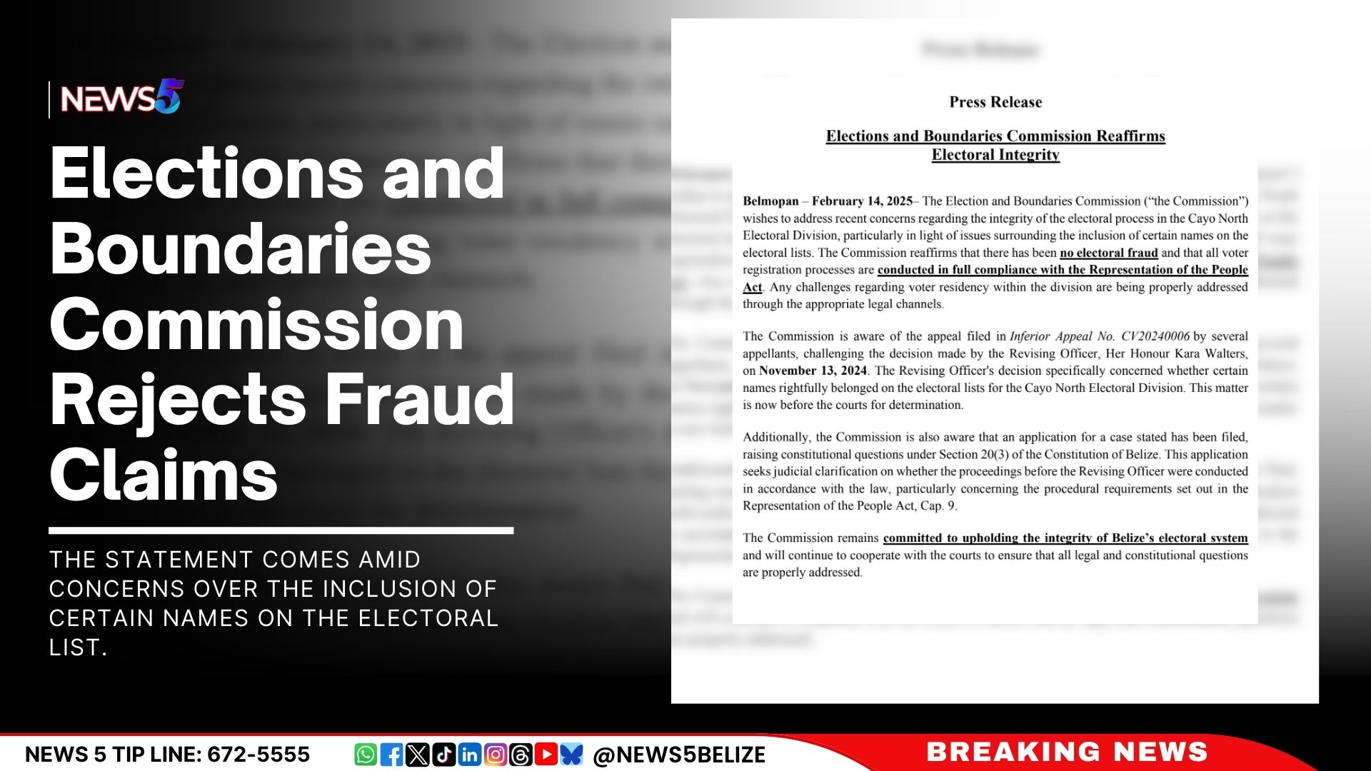 Elections and Boundaries Commission Rejects Fraud Claims