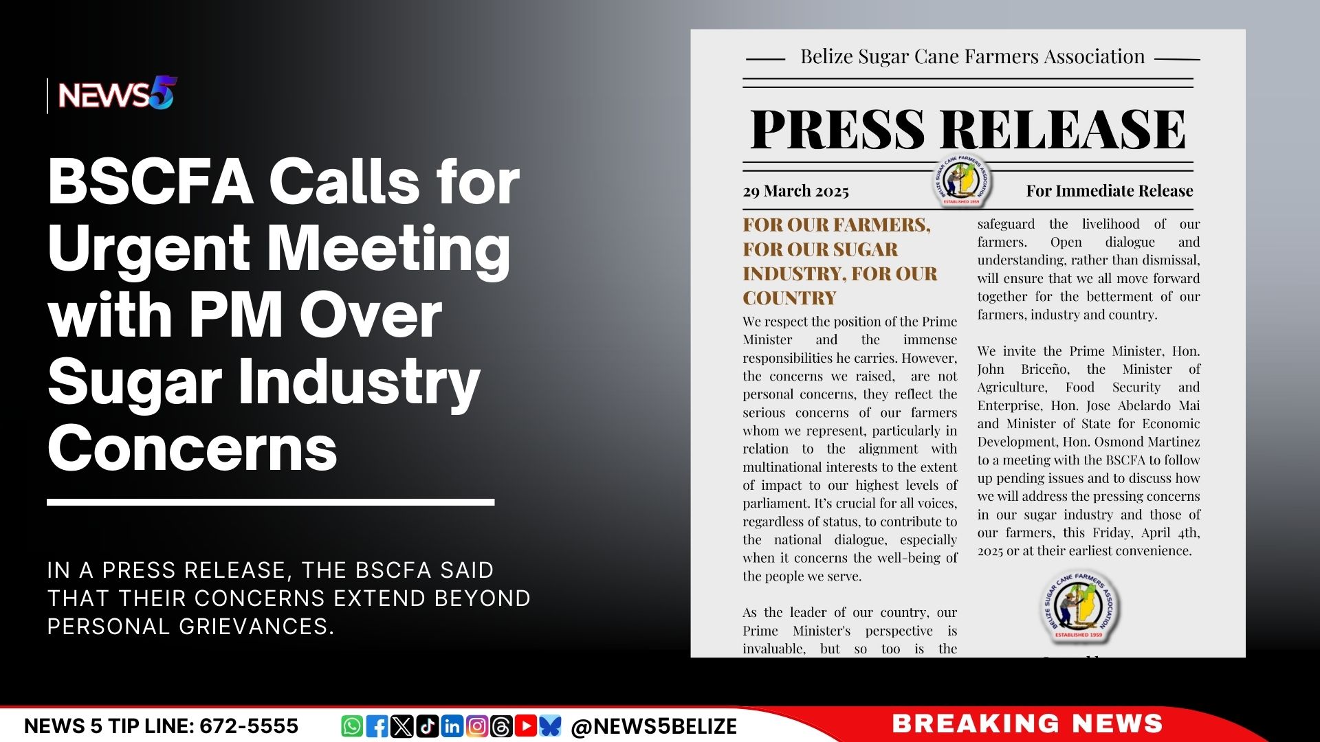 BSCFA Calls for Urgent Meeting with PM Over Sugar Industry Concerns