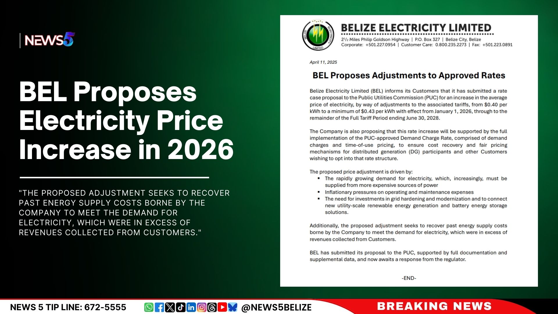 BEL Proposes Electricity Price Increase in 2026