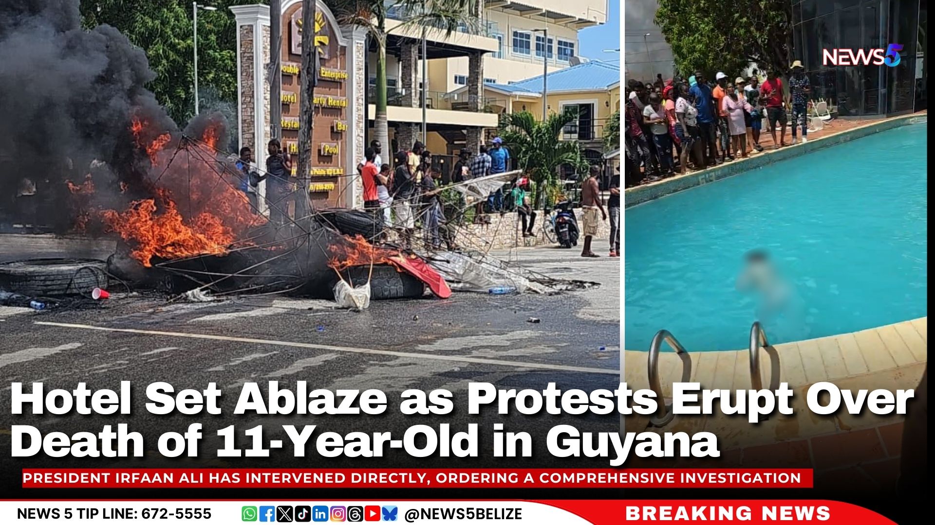 Hotel Set Ablaze as Protests Erupt Over Death of 11-Year-Old in Guyana
