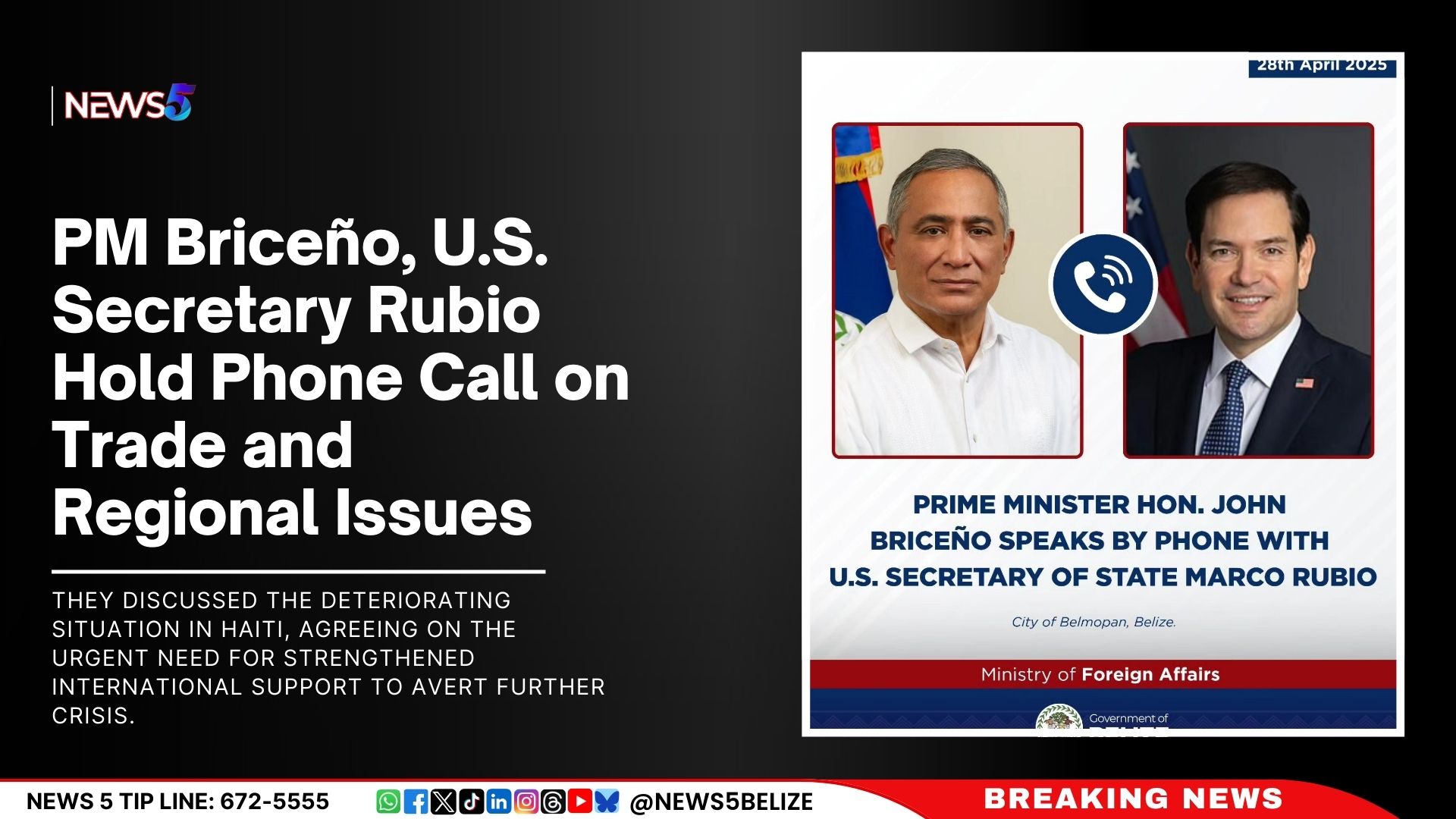 PM Briceño, U.S. Secretary Rubio Hold Phone Call on Trade and Regional Issues
