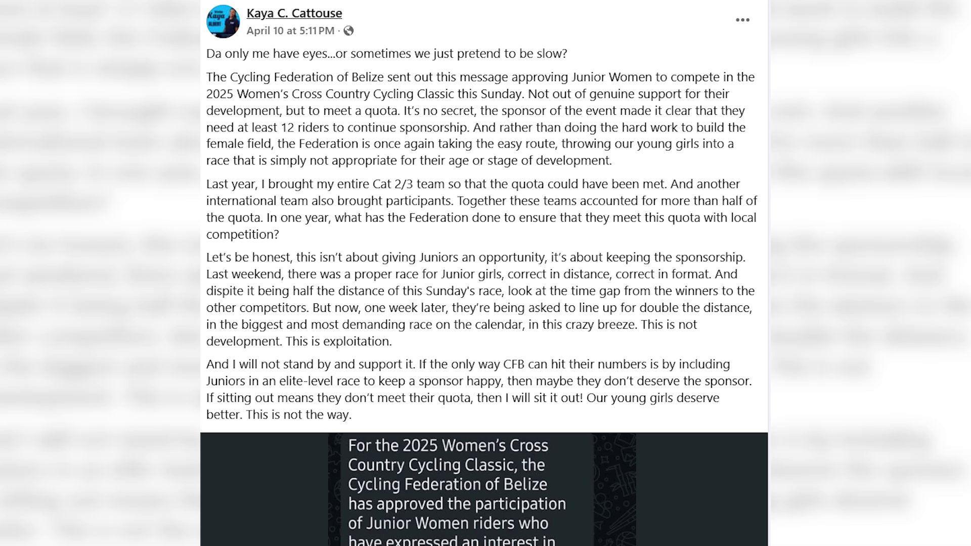 Kaya Cattouse Lashes Out at CFB, Federation Responds