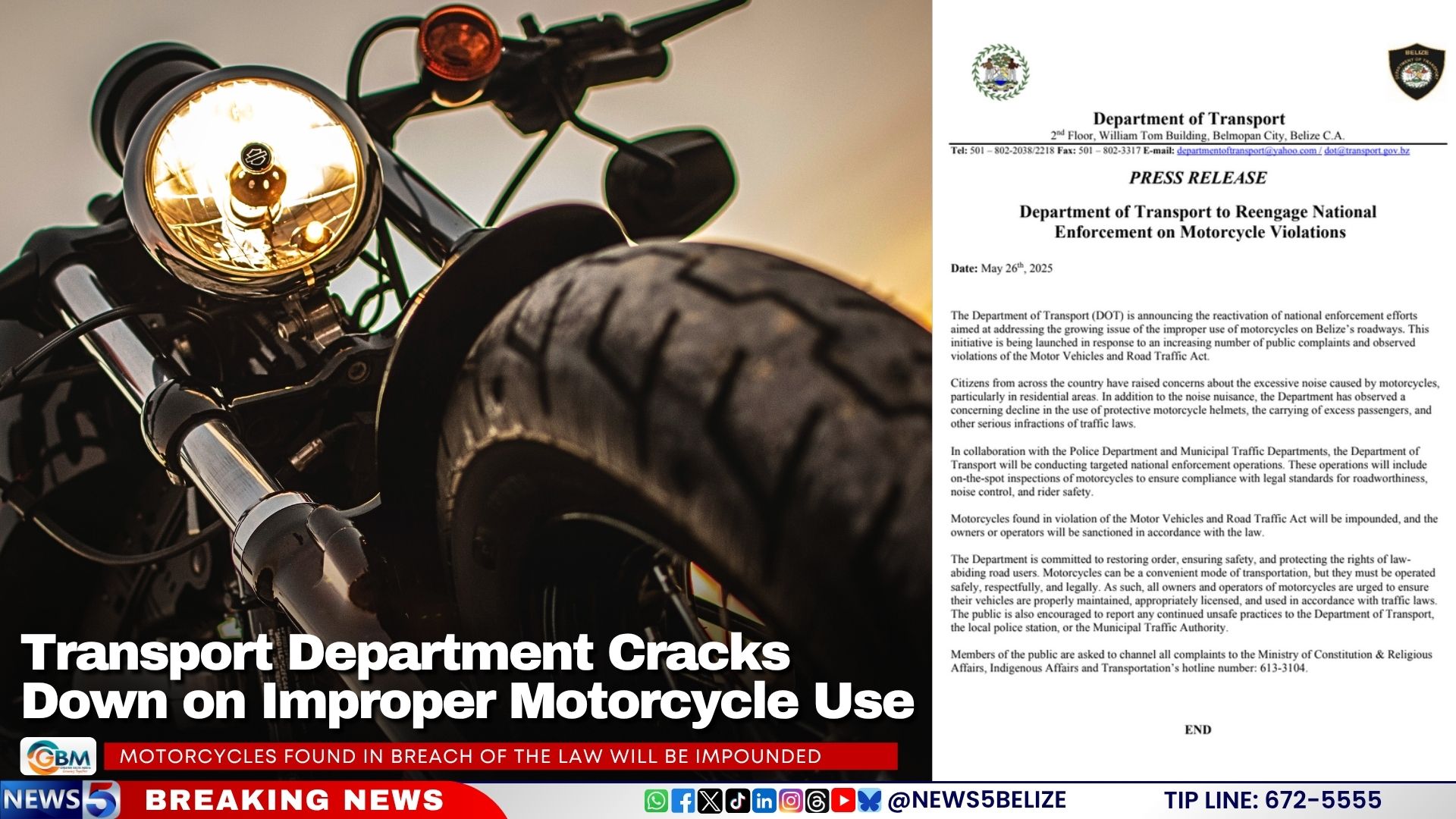 Transport Department Cracks Down on Improper Motorcycle Use