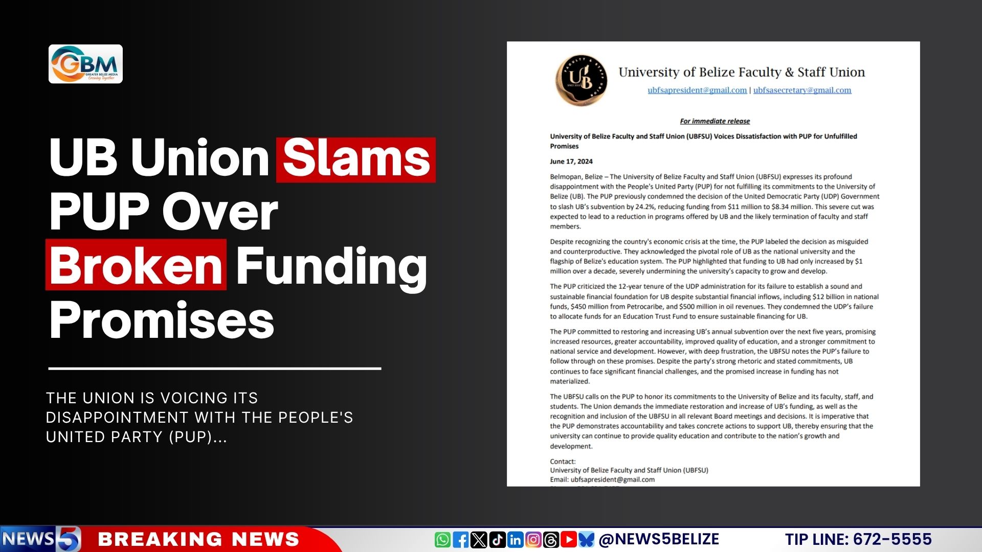UB Union Slams PUP Over Broken Funding Promises