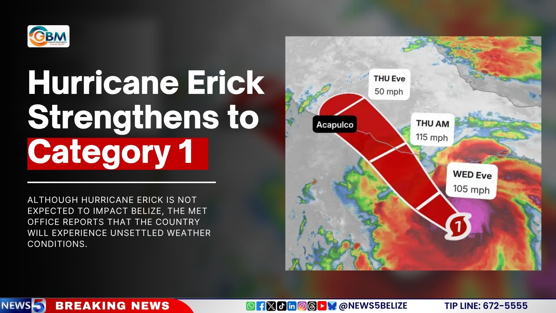 Hurricane Erick Strengthens to Category 1