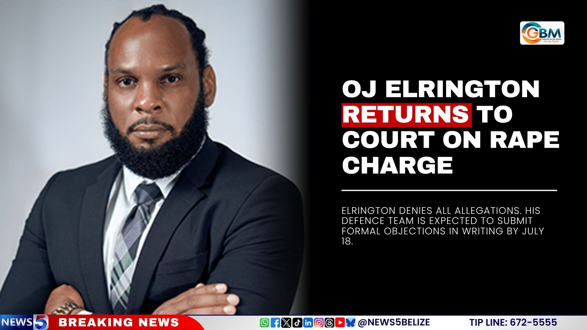 OJ Elrington Returns to Court on Rape Charge