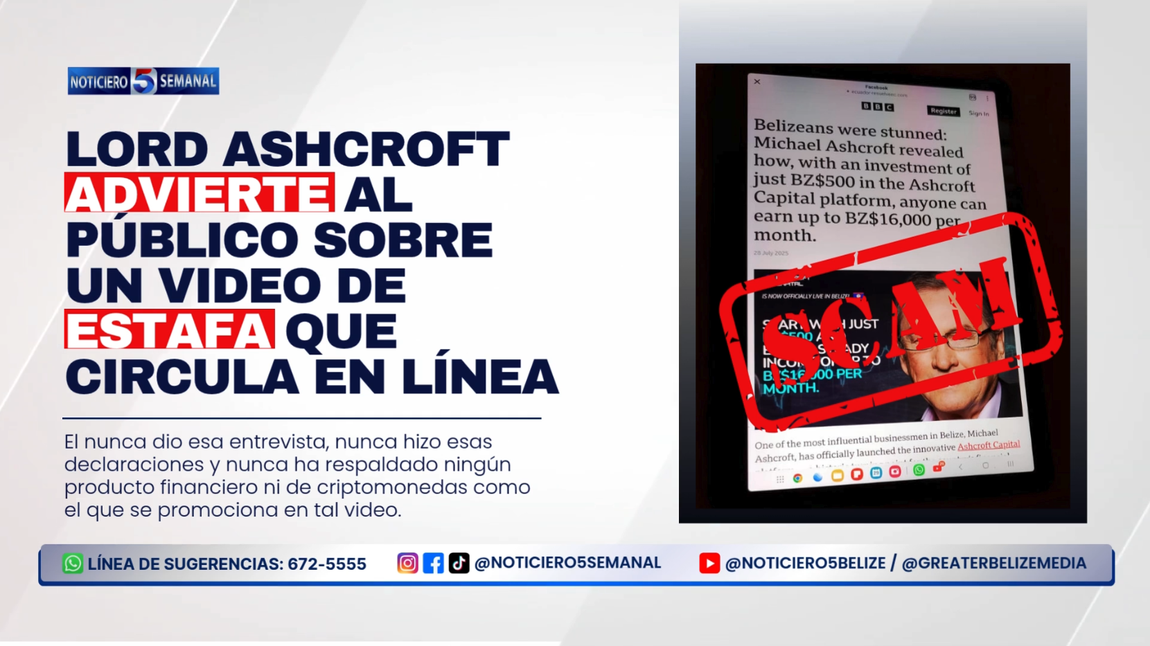 Lord Ashcroft advierte al público sobre un video de estafa que circula en línea