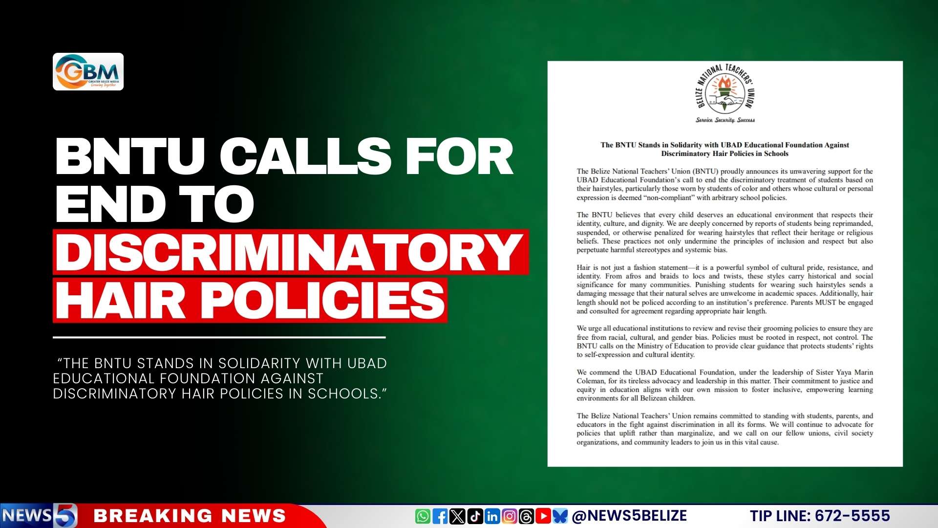 BNTU Calls for End to Discriminatory Hair Policies