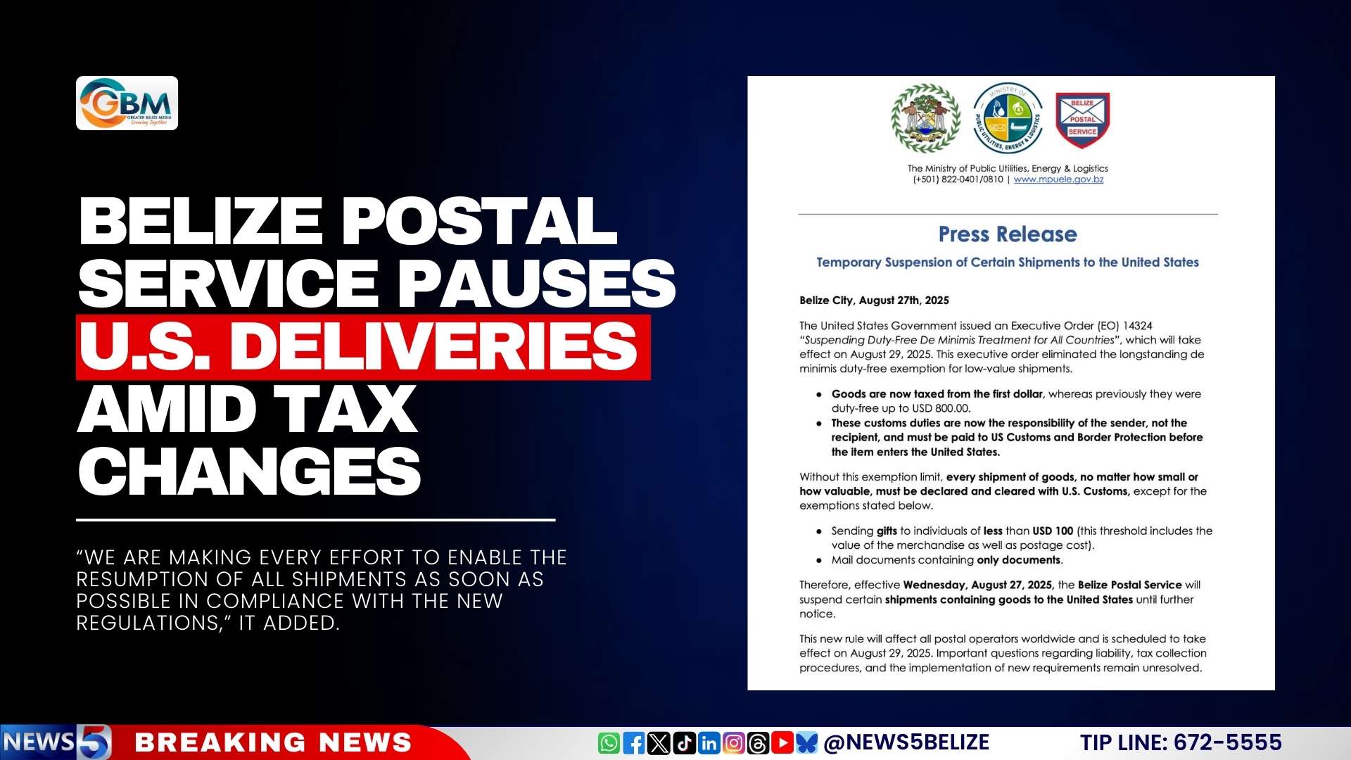 Belize Postal Service Pauses U.S. Deliveries Amid Tax Changes