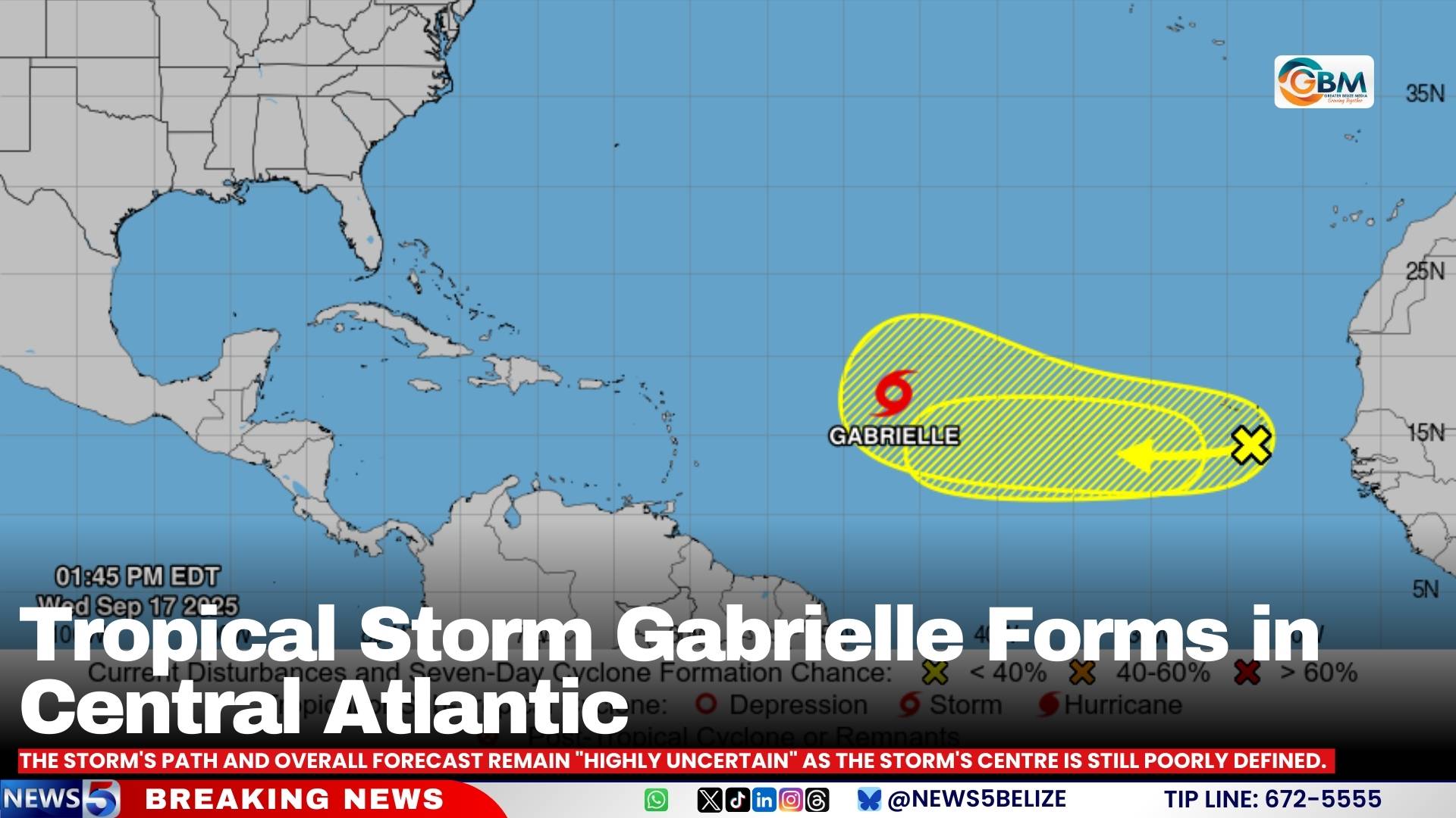 Tropical Storm Gabrielle Forms in Central Atlantic