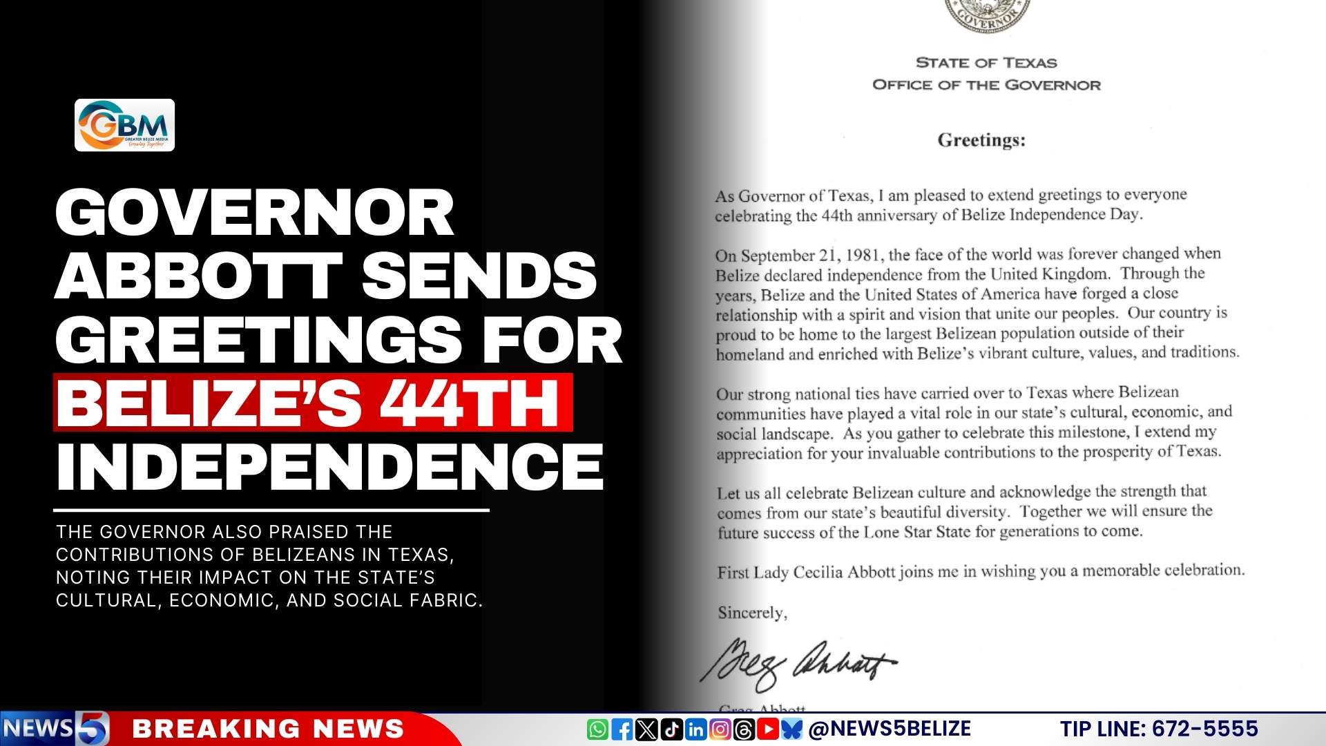 Governor Abbott Sends Greetings for Belize’s 44th Independence