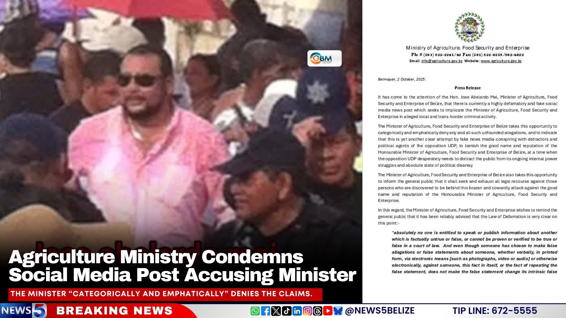 Agriculture Ministry Condemns Social Media Post Accusing Minister