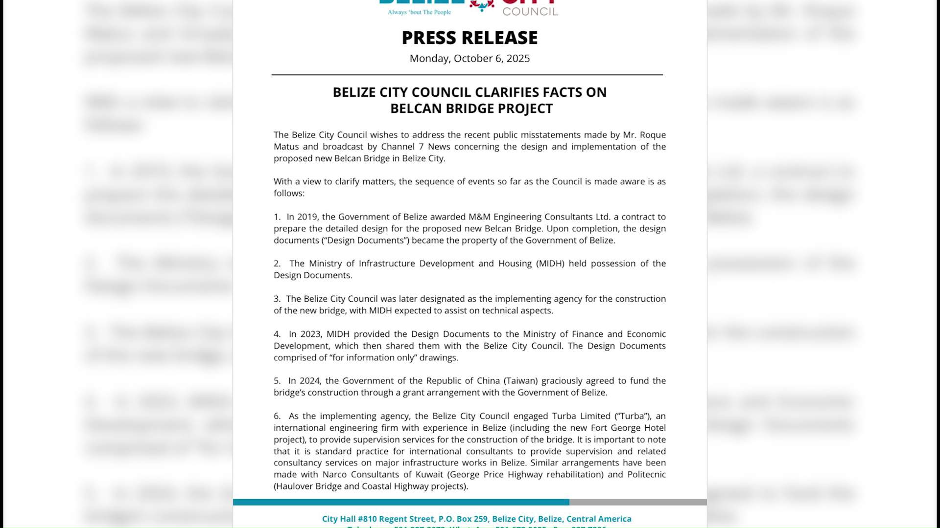 Belize City Council Sets Record Straight on Belcan Bridge