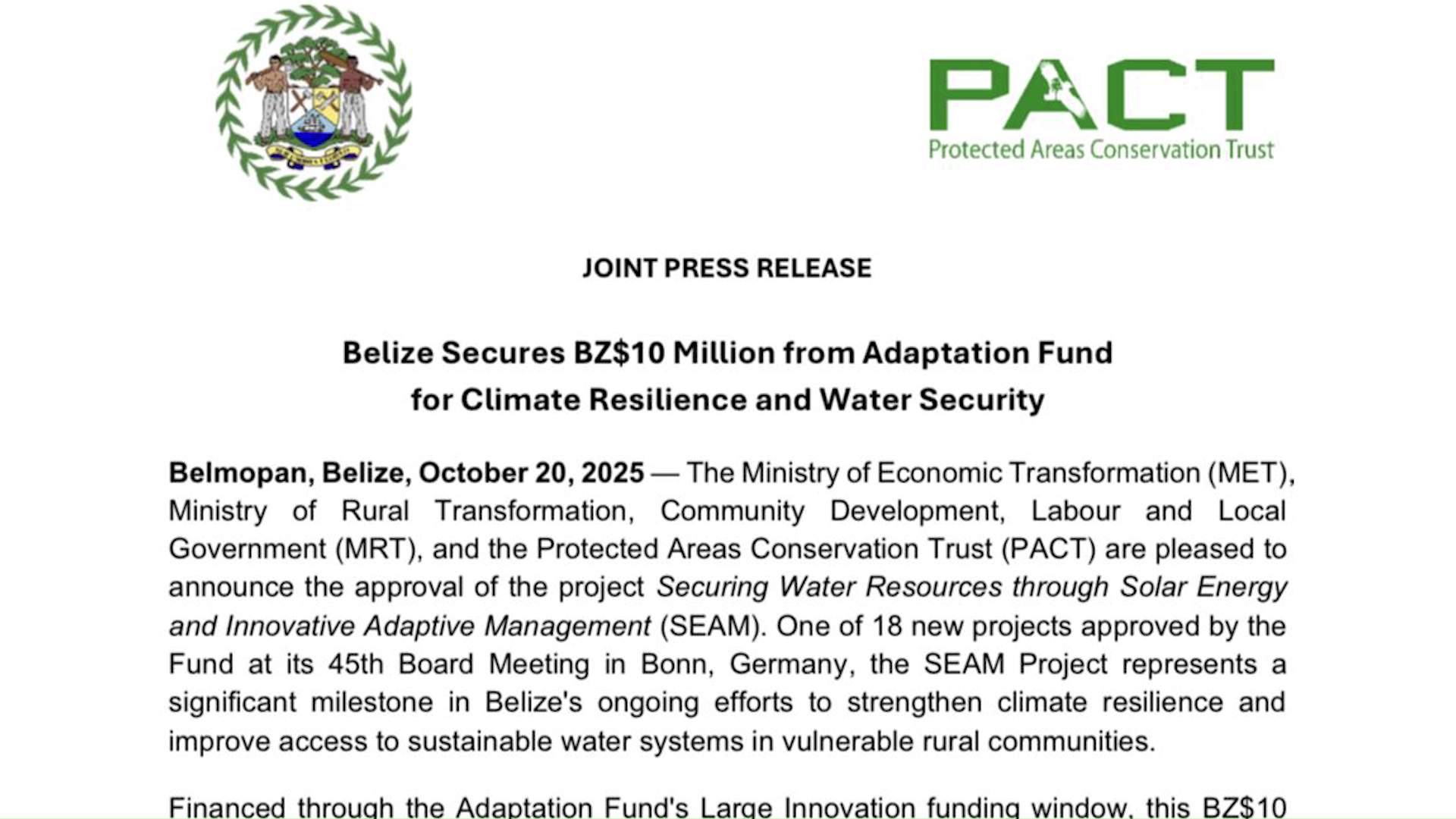 Belize Lands Multi-Million Climate Resilience Grant
