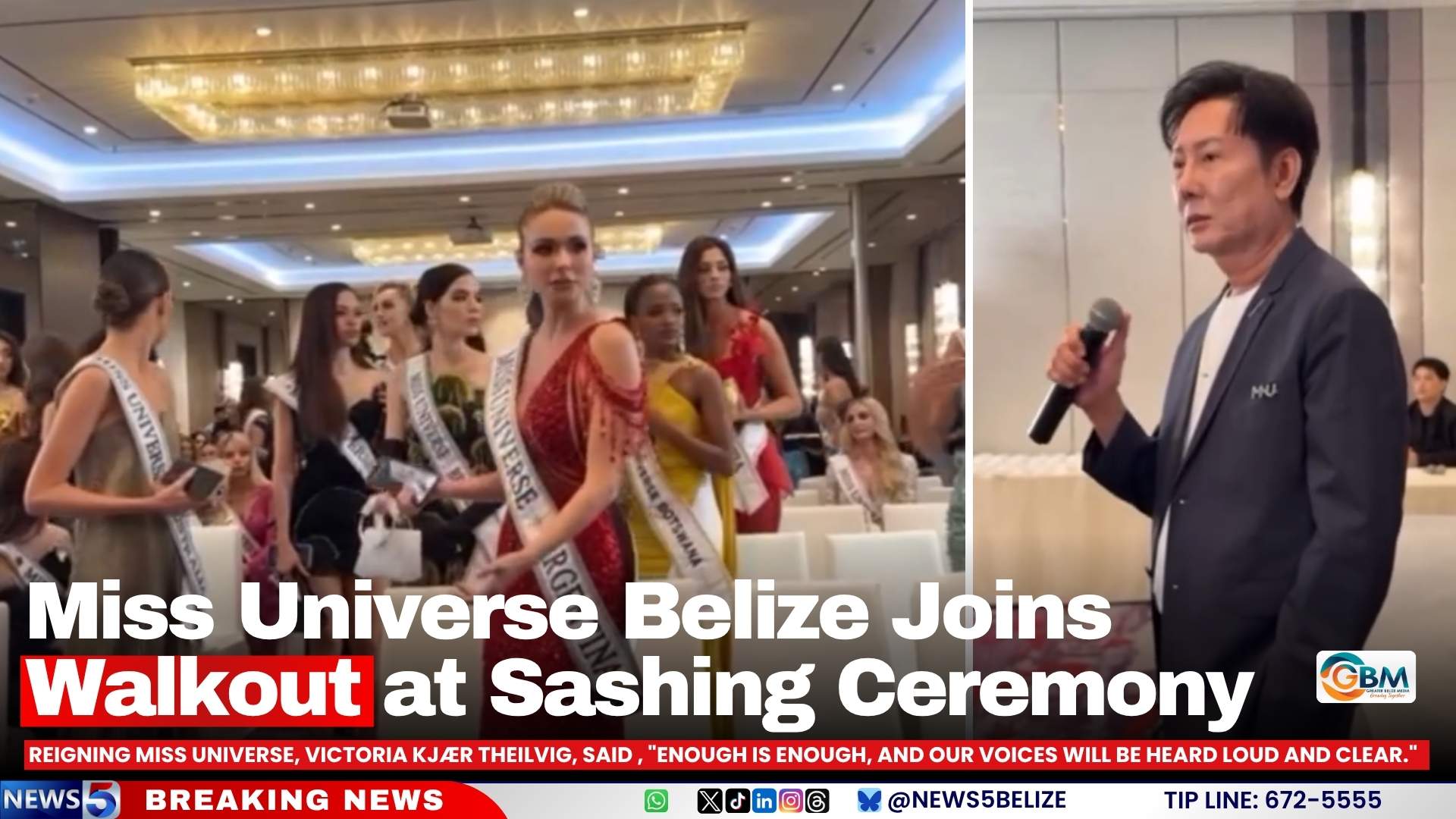Miss Universe Belize Joins Walkout at Sashing Ceremony