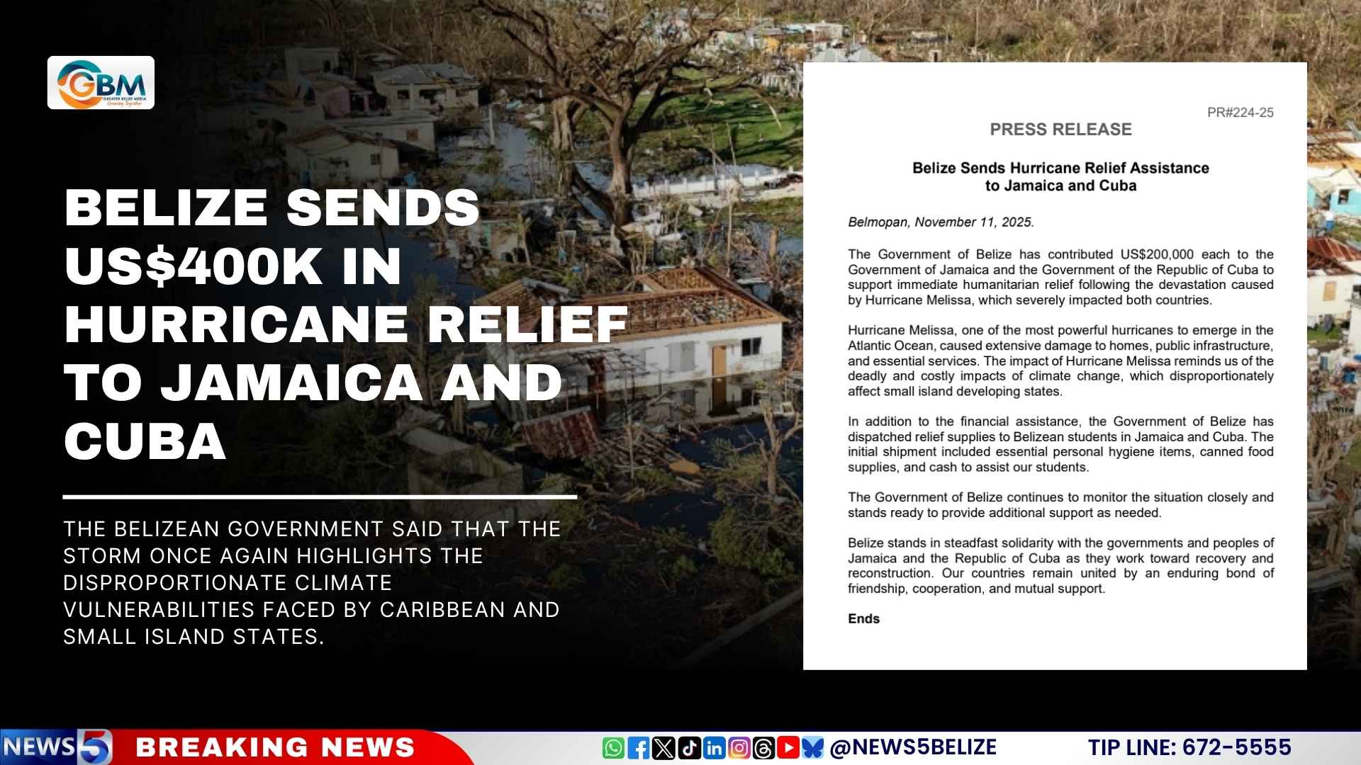 Belize Sends US$400K in Hurricane Relief to Jamaica and Cuba