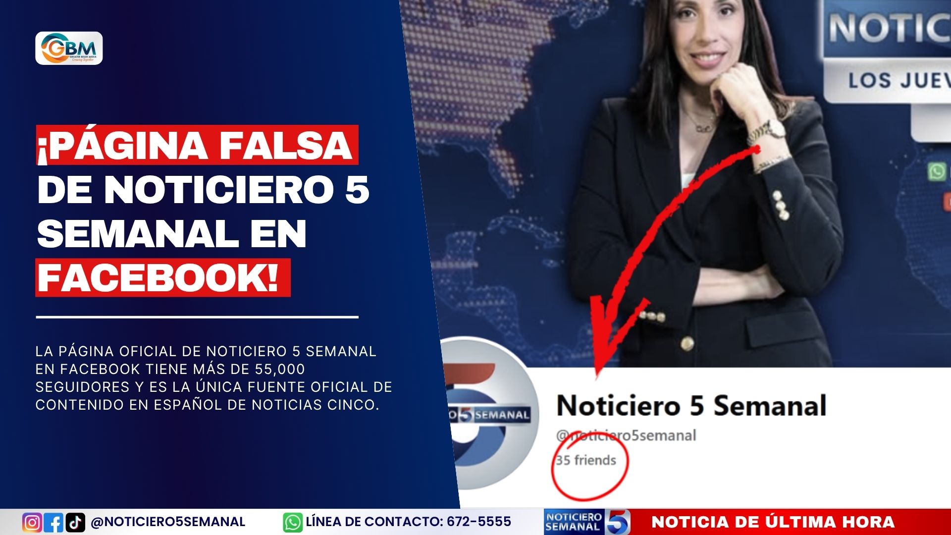 ¡Página falsa de Noticiero 5 Semanal en Facebook!