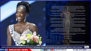 Olivia Yacé of Côte d’Ivoire has officially resigned from her position as Miss Universe Africa and Oceania.
