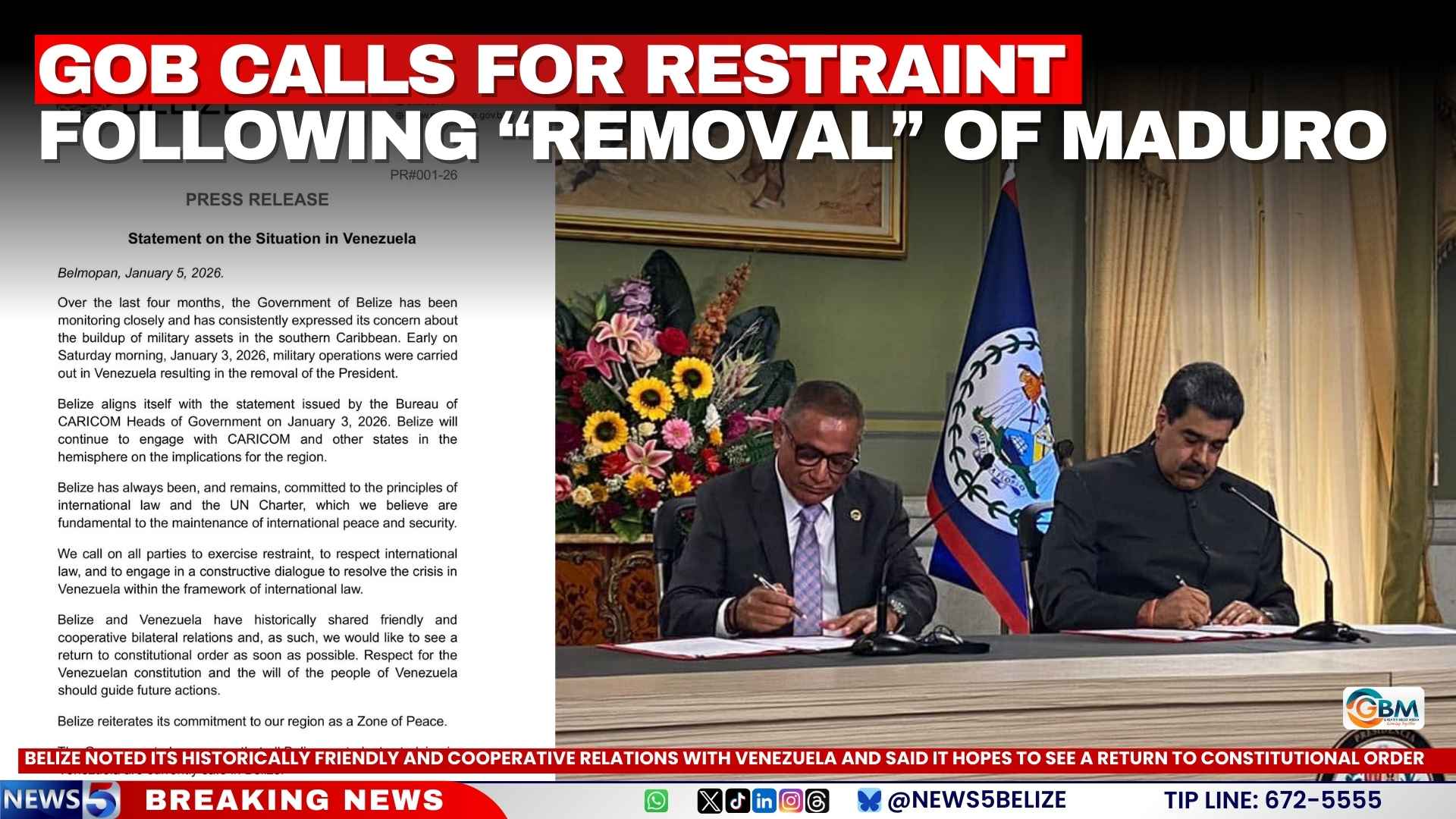 GOB Calls for Restraint Following “Removal” of Maduro