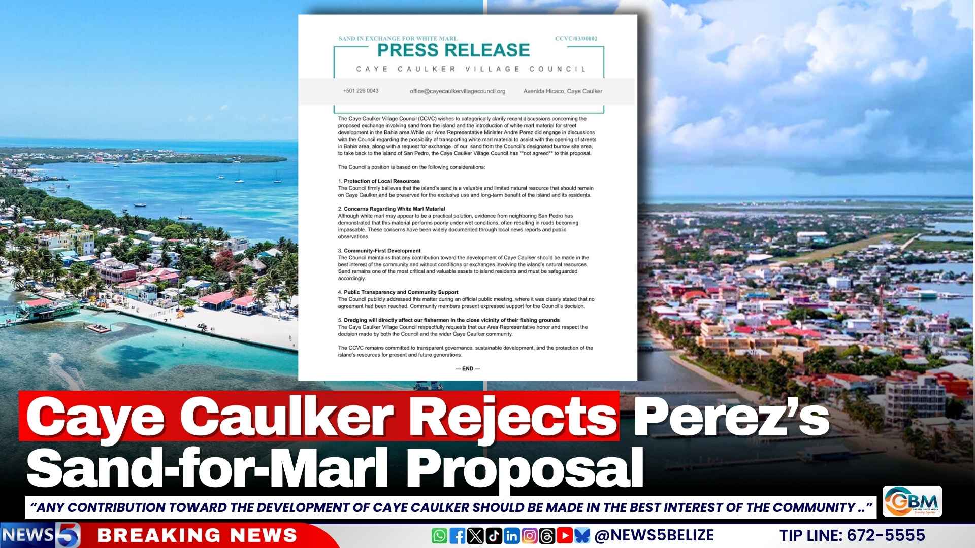 Caye Caulker Rejects Perez’s Sand-for-Marl Proposal