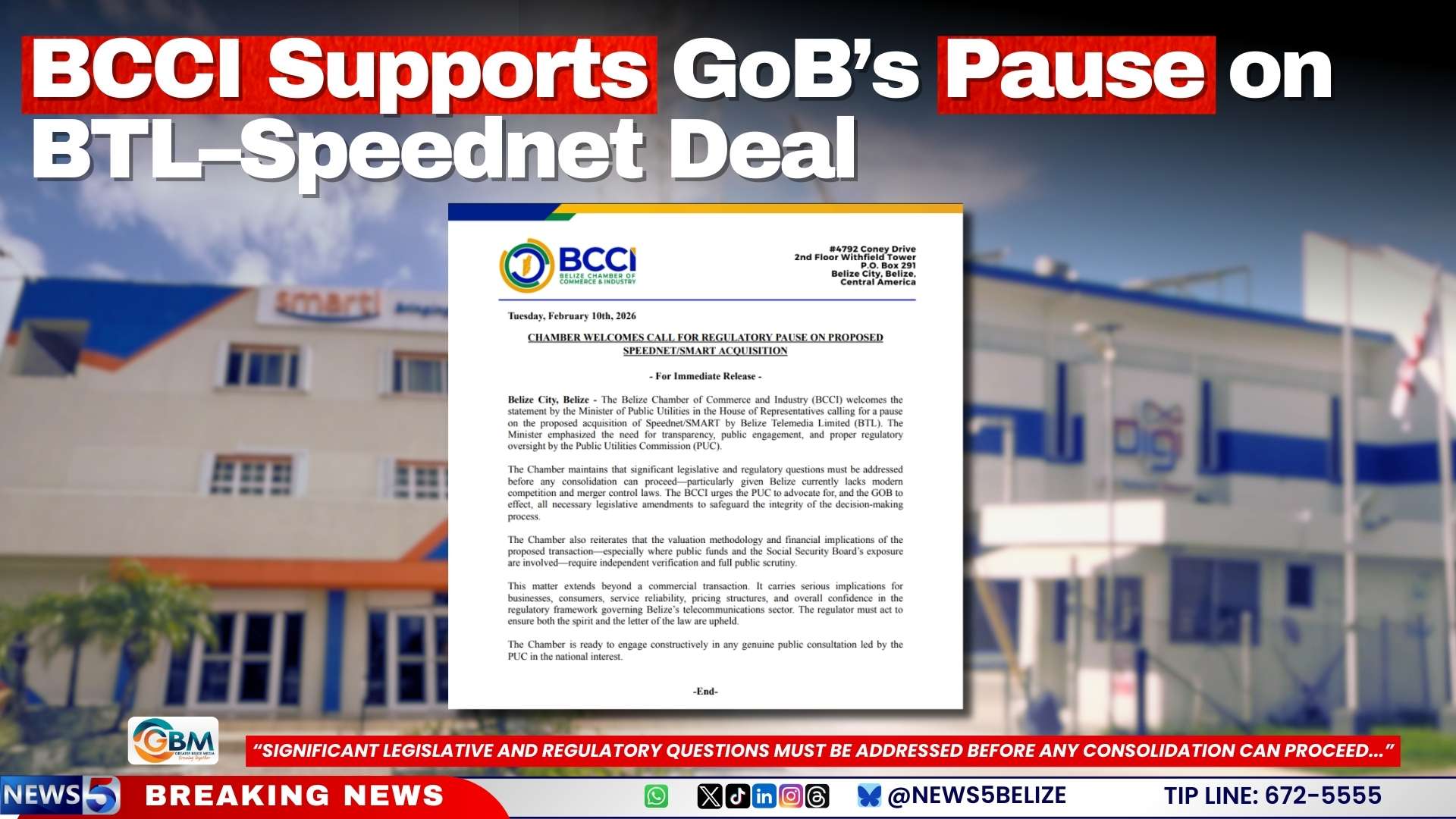 BCCI Supports GoB’s Pause on BTL–Speednet Deal