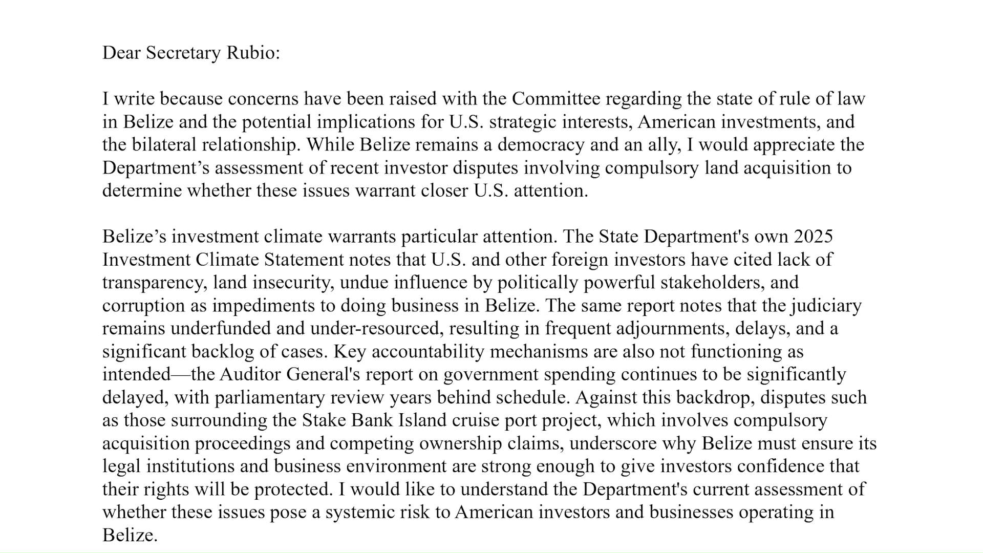 Belize Writes US Congressman and Secretary of State