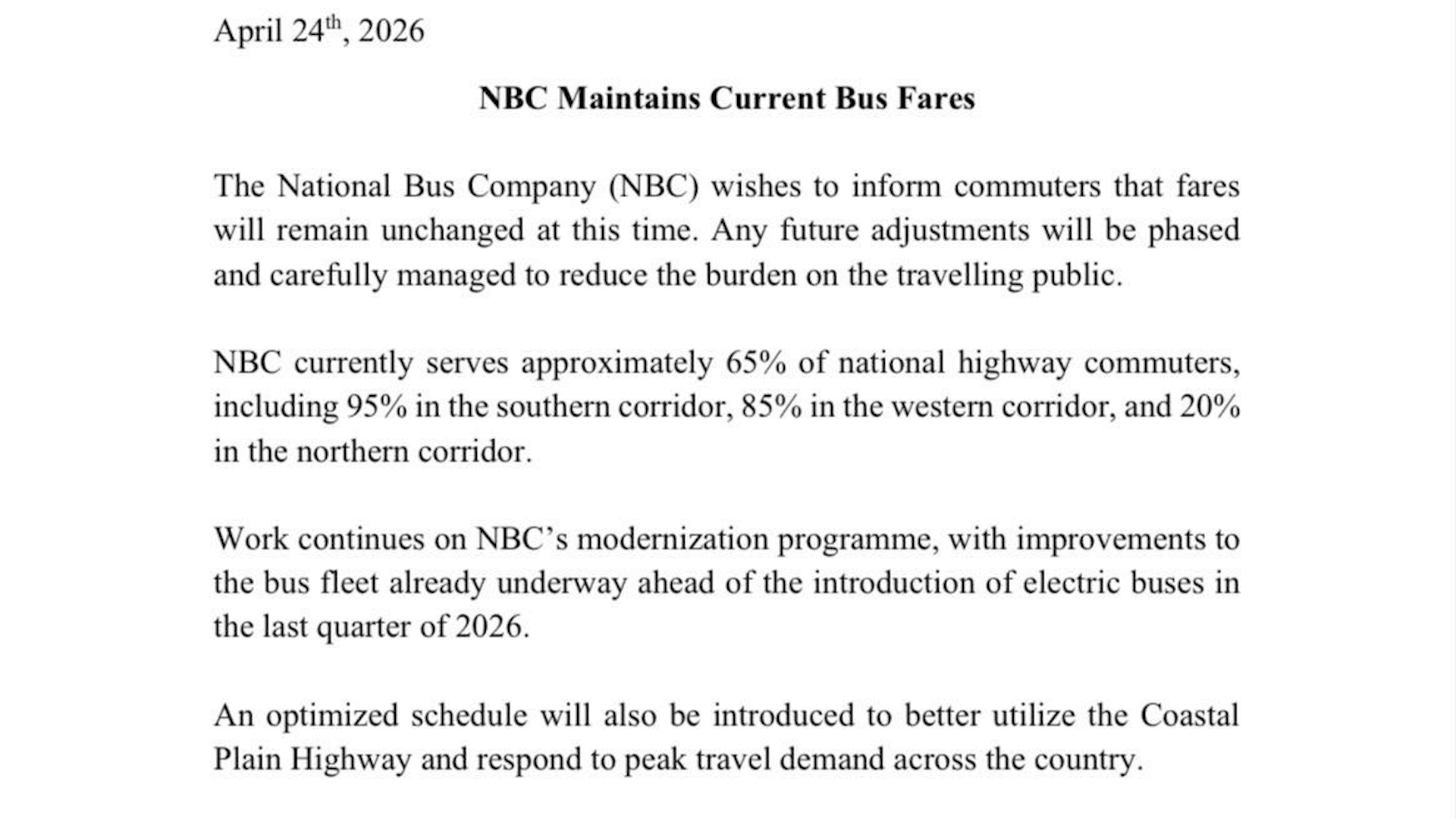 National Bus Company Keeps Rates Unchanged