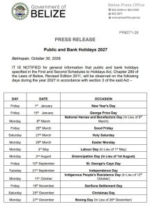 Belize’s 2027 Public and Bank Holidays Are Out